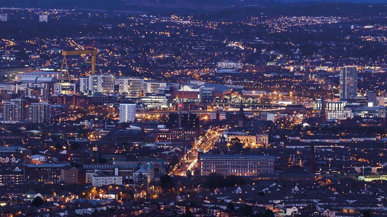 Aerial nightime photo of Belfast